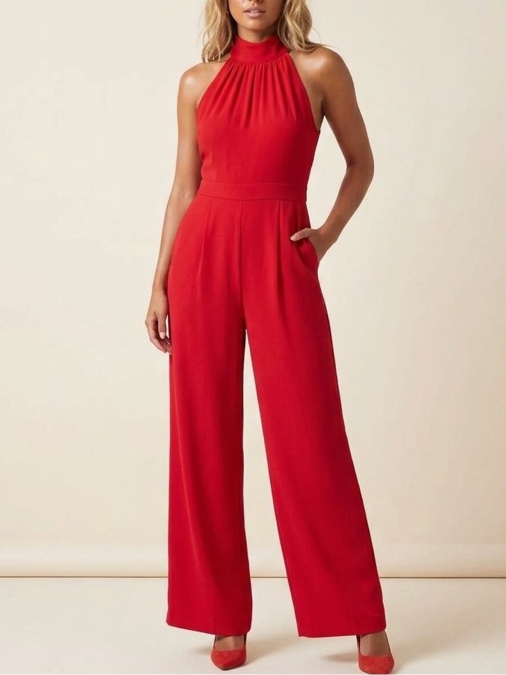 Jason Wu Women's Red Halter Wide leg Jumpsuit Size 14 8566
